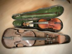 Two early 20th century violins in coffin cases (as found)