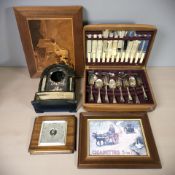 A canteen of EPNS cutlery, a parquetry inlaid panel, oak barometer,