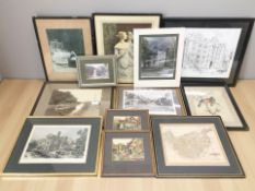 Assorted pictures and prints, an engraved and hand coloured map of Cheshire,