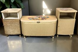 A gilt loom ottoman and a pair of bedside stands.