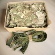 A collection of military canvas belts, British Army DPM clothing.