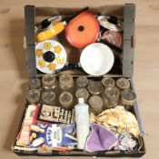 A group of enamelled kitchen pans, storage jars,