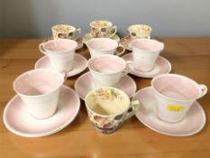Twelve pieces of Shelley coffee china marked 'W13824/P', on pink ground,