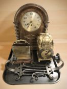A reproduction brass Smiths lantern clock, an oak and brass letter rack,