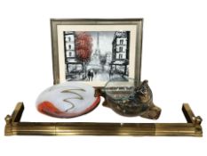 A contemporary oil painting of a Parisian street scene, a large studio glass fruit bowl,