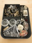 A group of glass paperweights, pair of candle holders, crystal ornaments, fantasy pewter ornaments,