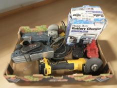 A DeWalt angle grinder, a Bosch sander, Bosch angle grinder, heavy duty battery charger.