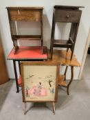 A melamine-topped table, needlework fire screen,