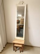 A nest of two pine tables and a contemporary cream mirror, height 170 cm.