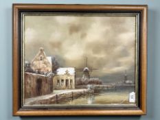 L Costello : Windmills by a canal, oil on canvas, 50 cm x 39 cm.