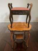 A late Victorian walnut scalloped edge occasional table and a storage piano stool