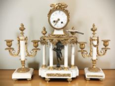A 19th century French alabaster and gilt metal mounted portico clock garniture set,