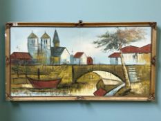 Luperson : Buildings by a bridge, oil on canvas, 59 cm x 120 cm.