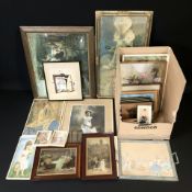 Various pictures and prints, antiquarian watercolours, serving trays, etc.