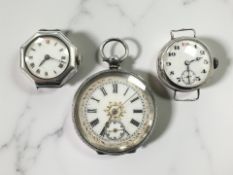 A lady's silver fob watch with enamelled dial,