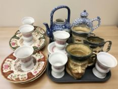 A group of German Henrich porcelain goblets, Masons Christmas plates, Kingston Pottery tankards,