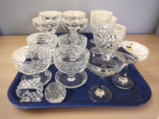 A pair of Babycham glasses, a set of four crystal grapefruit bowls, various other glasses,