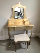 A modern gilt effect mirror back dressing table, width 80 cm, together with a stool.