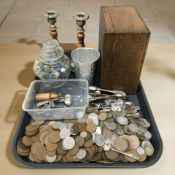 An oak table box, various English and foreign coins, EPNS cutlery, a jar of marbles,