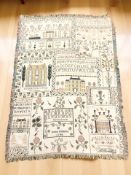 A Goodwin Weavers Williamsburg cotton throw depicting various needlework samplers, 163 cm x 116 cm.
