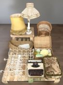 An Olympus typewriter, wicker hamper, basket and chair, table lamp, small occasional table,