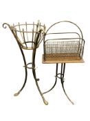 A brass jardiniere stand, height 75 cm, and a tripod magazine rack.