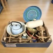 Three sets of antique grocer's scales, an enameled tea pot, stoneware hot water bottle, mixing bowl,