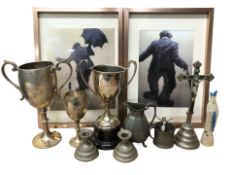 Two prints after Alexander Millar, together with a crucifix, EPNS trophy cups, pewter items, etc.