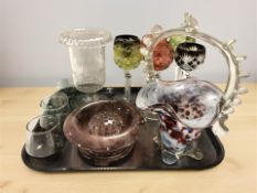 A set of six coloured crystal hock glasses, together with a glass basket, further cups and dishes,