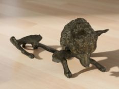 A Victorian brass ink well holder in the form of a fox, length 25 cm.