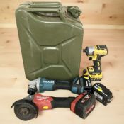 A jerry can, DeWalt drill, Makita angle grinder and a Milwaukee angle grinder.