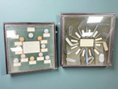 Two glazed display cases containing montages of the history of golf heads and balls.