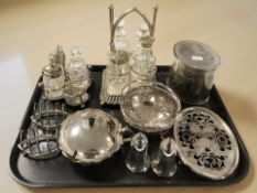 EPNS wares including a tea caddy, two cruets, a pair of toast racks, pair of sifters, etc.