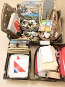 Assorted figures, sea shells, trays, gilt framed mirror, wicker baskets, handkerchiefs,