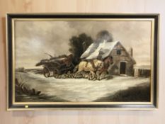 Continental School : A team of horses pulling a log filled cart before a thatched homestead in