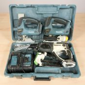 A Makita drill, in case with battery pack, and two further Makita jigsaws.