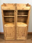 A pair of modern pine side cabinets fitted shelves and drawers, width 50 cm.