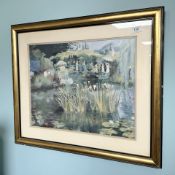After Ivor Coburn : Figures on a bridge, colour print, 48 cm x 37 cm.