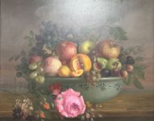 20th Century School : Still life with fruit in a bowl, oil on board, 49 cm x 39 cm,