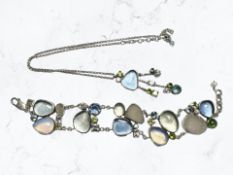 A gem set white metal panel bracelet and similar necklace, stamped .925.