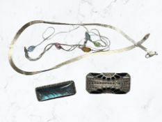 An Art Deco style marcasite and enamel rectangular brooch stamped .