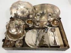 EPNS wares including galleried serving trays, cutlery, pair of candlesticks, etc.