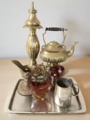 A brass spirit kettle on stand, lamp base, studio glass vase,