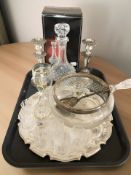 A crystal decanter and set of matching cordial glasses, together with a silver plated serving tray,