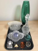 A group of studio glass paperweights including Caithness, two miniature quartz mantel timepieces,