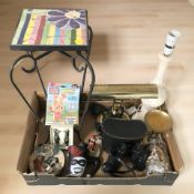 A pair of Prinz 8 x 40 binoculars, brass desk light, alabaster lamp base, brass pricket candlestick,