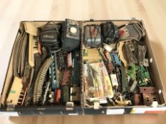 A collection of rolling stock, Hornby control units, Airfix Spitfire modelling kit, etc.