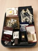 Assorted costume jewellery, lady's Rotary wristwatch, earrings, simulated pearls, compact, etc.