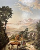 Late 19th / Early 20th Century School : Figures with cattle by a water mill with valley beyond,