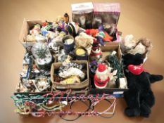 A collection of dolls and toys, light-up sign, christmas decorations, etc.
